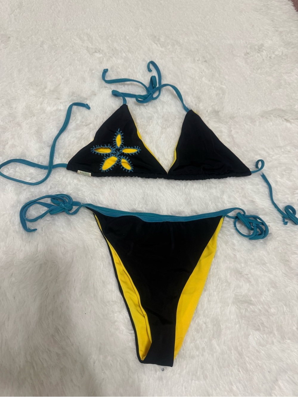 Large blue yellow flower retro bikini festival rave rave swimsuit bathing boho